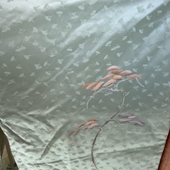 Beautiful Vintage Japanese Kimono Silk Sage Sea Green Fan Uchiwa Cotton Flower - Picture 5 of 12